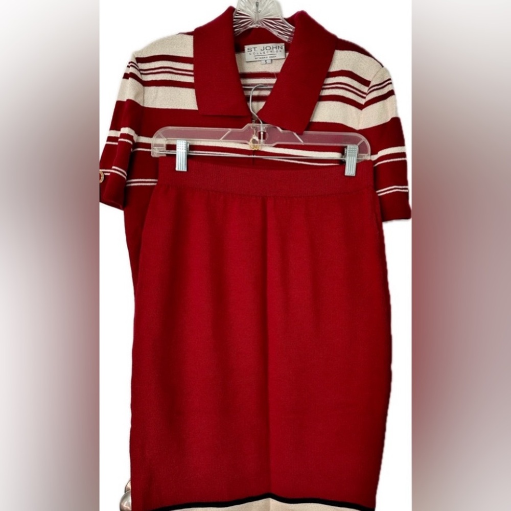 ST JOHN Knits 2-PC Red and black White Striped Polo Knit Top & Skirt Set S
